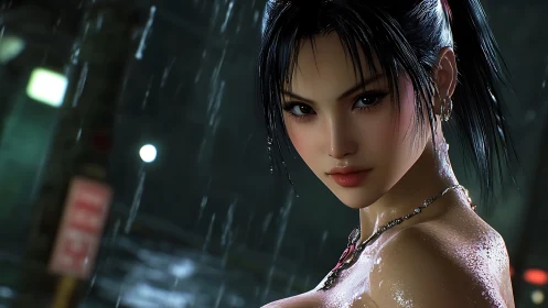 Rain-slick gaze carves neon secrets from the midnight alley