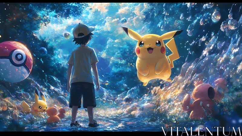 Pikachu glows over forest stream in luminous fantasy world.