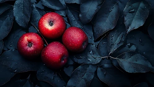 Four ruby red apples rest calmly on dark dewy leaves