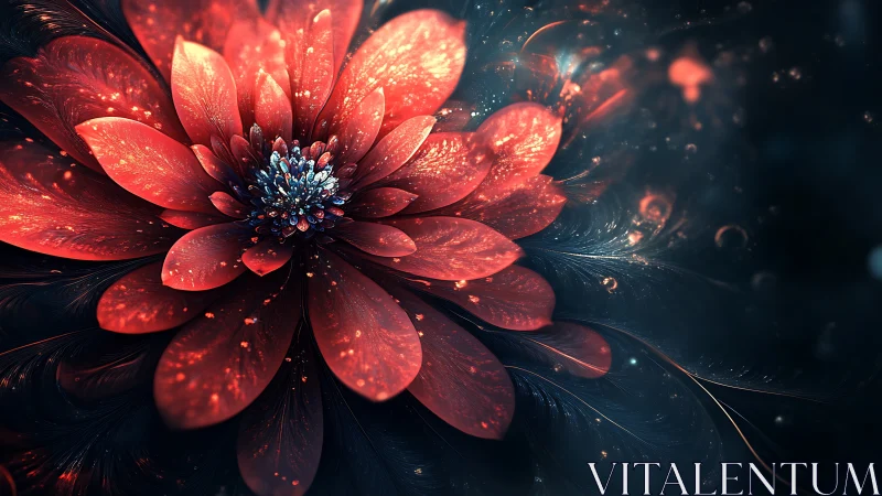 Radiant crimson fractal flower amid cosmic shimmered depths.