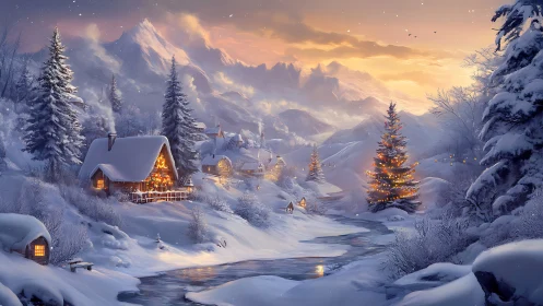 Snowy mountain village with glowing cabins at dusk.