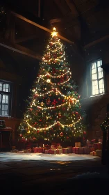 Tall indoor Christmas tree illuminated with warm string lights