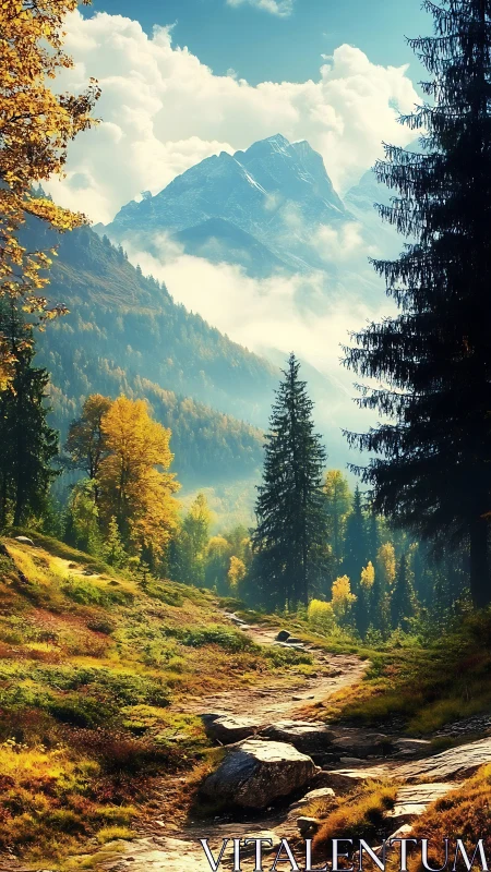 Gentle mountain trail winding through golden autumn forest.