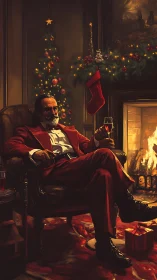 Sophisticated Santa in crimson suit by glowing hearthside.