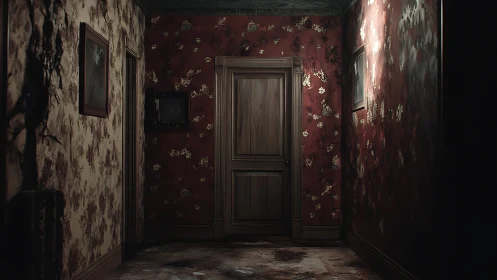 Dim hallway with closed wooden door and worn red walls.