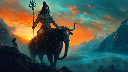 Mystic rider greets a glowing dawn above quiet mountains