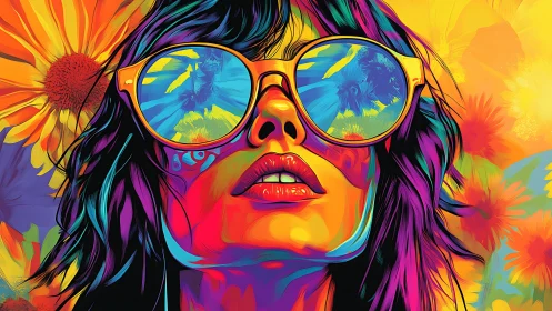 Portrait of woman in sunglasses with floral reflections.