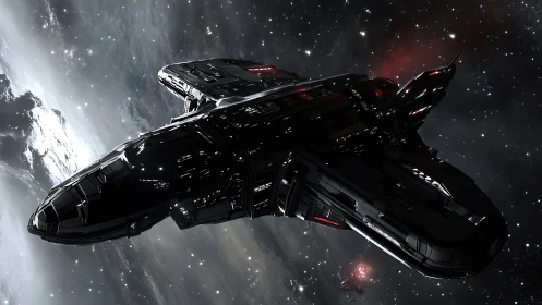 Angular black starship cruises past nebular-lit gas giant