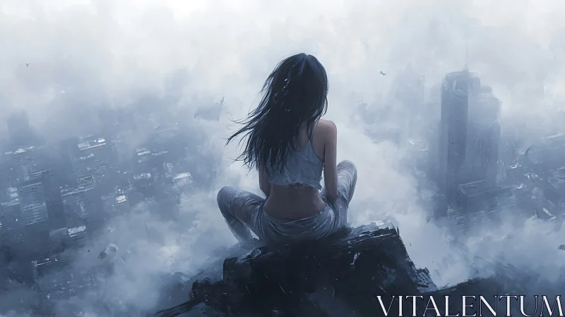 Woman sits on rooftop edge above fog covered city