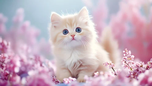 White Kitten with Blue Eyes in Blooming Pink Garden.