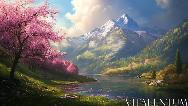 Mountain lake with pink blossom trees in spring light.