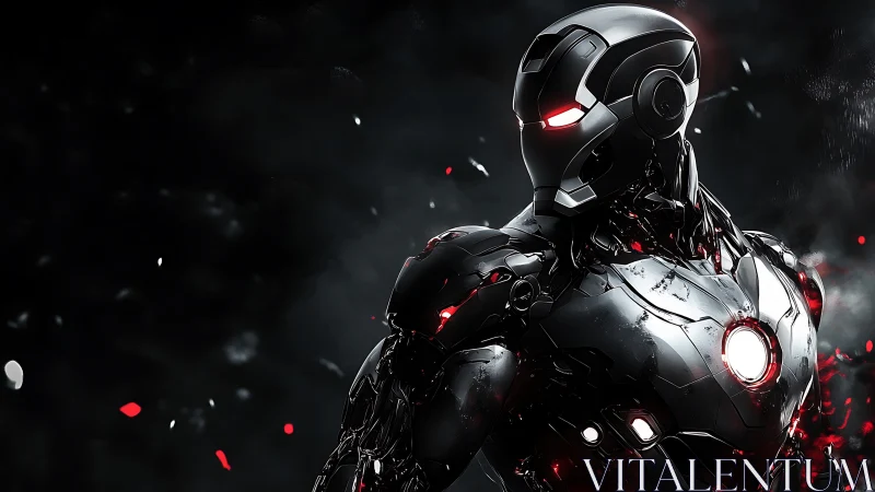 Armored cybernetic warrior in dark metallic exosuit.