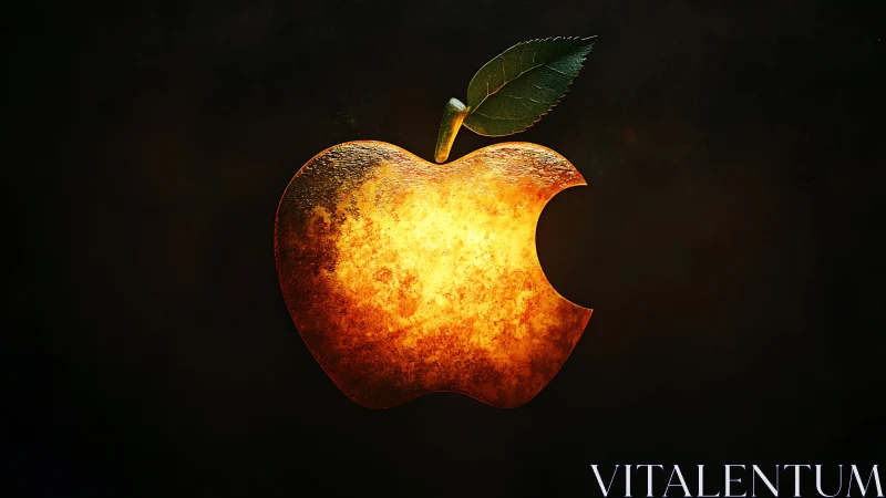 Glowing bitten apple emblem on dark textured background.