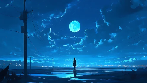 Silhouette stands on wet ground under a bright full moon