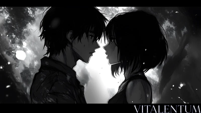 Monochrome anime couple in intense backlit forest standoff.
