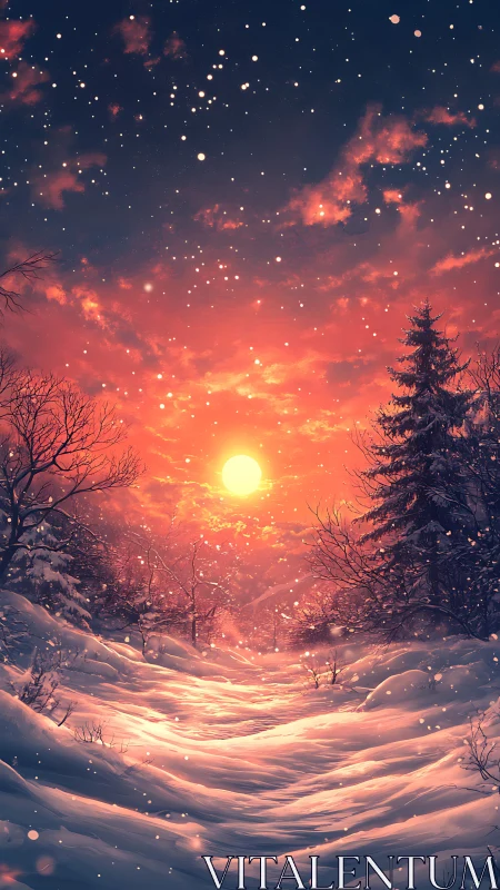 Radiant winter sunset bathes a snowy forest path in gold