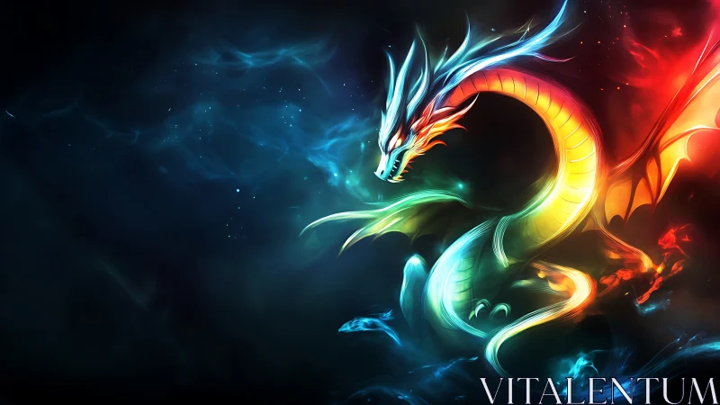 Luminous elemental dragon coils through nebula-like cosmic void