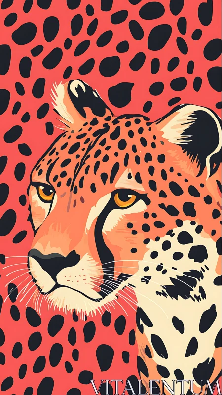 Graphic cheetah portrait on bold coral spotted backdrop.