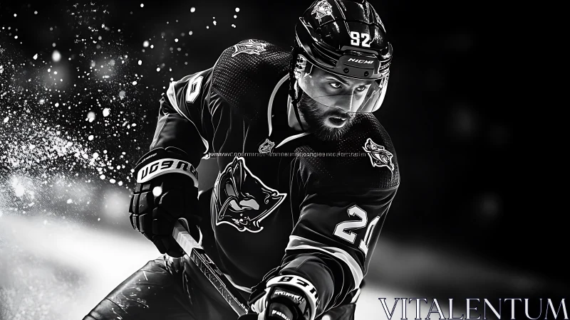 Monochrome dynamic ice hockey forward in aggressive stride.