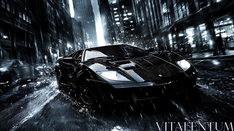Noir supercar sprint in cinematic urban rain environment.