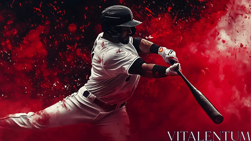 Baseball slugger drives powerful swing through crimson haze