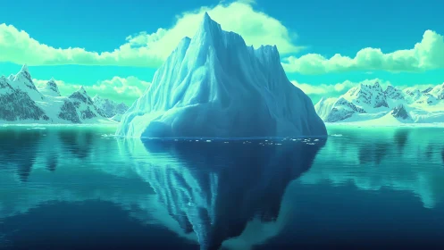 Massive iceberg reflected in calm polar turquoise water.