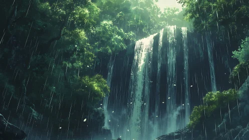 Waterfall pours through dense forest under steady rainfall