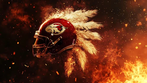 Red football helmet with feather crest amid orange embers.