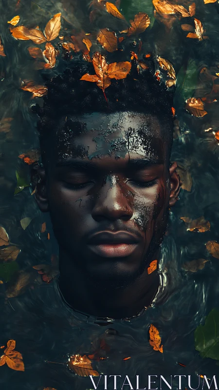 Submerged portrait with autumnal foliage and aqueous specularity.