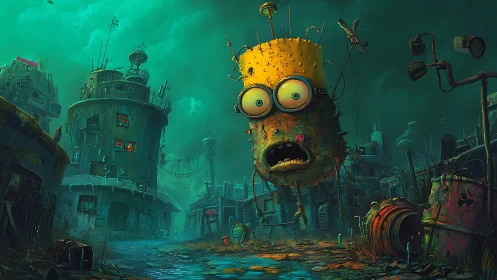 Mutated yellow robot floats over derelict cyberpunk slum