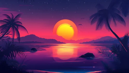 Neon dusk lagoon where cosmic sunrays bathe quiet palms.