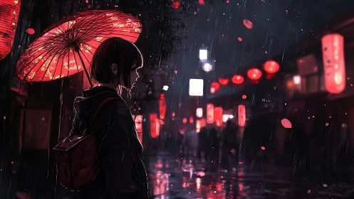 Girl under red umbrella in neon lit rainy night street.