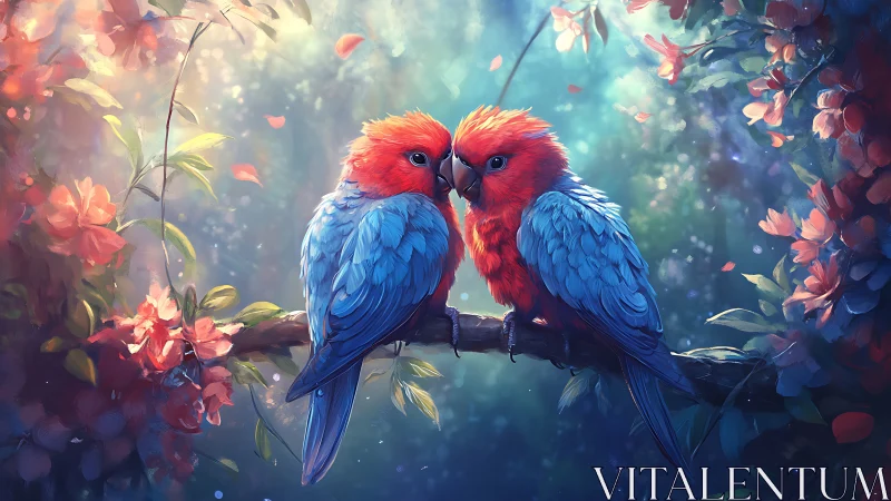 Two Vibrant Parrots on a Branch in a Dreamy Floral Forest Scene.