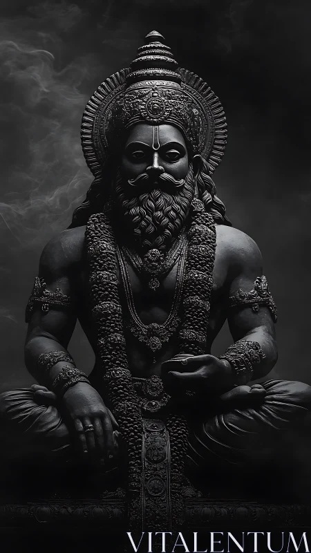 Majestic stone deity sits in meditative silence amid smoke