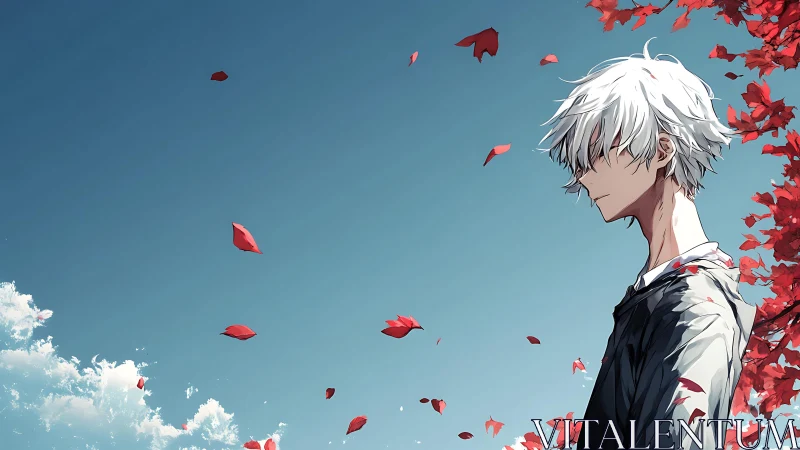 White haired figure with red leaves against clear blue sky.