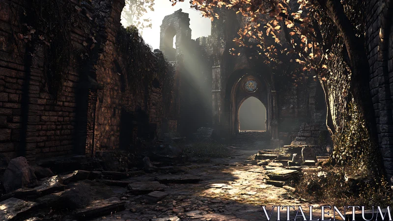 Sunlit ruins and secret archway in a forgotten courtyard.