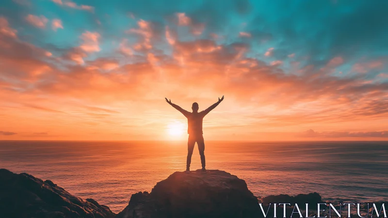 Silhouette on coastal cliff against vivid sunset sky.
