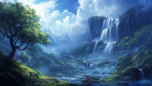 Sunlit fantasy waterfalls pour into a misty mountain valley