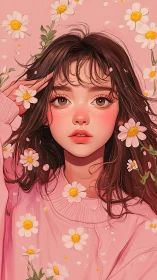 Soft-lit portrait of a freckled girl in pink with scattered daisies