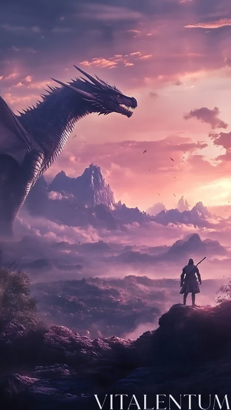 Twilight meeting of wanderer and dragon above misty peaks.