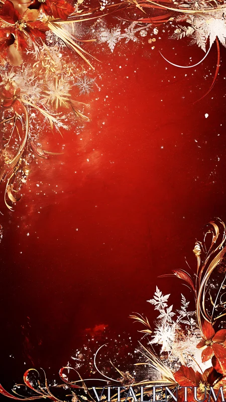 Red festive floral frame integrates gold filigree and snowflakes
