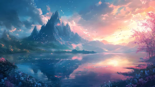 Mountain lake at sunrise with vivid sky and blossoms.