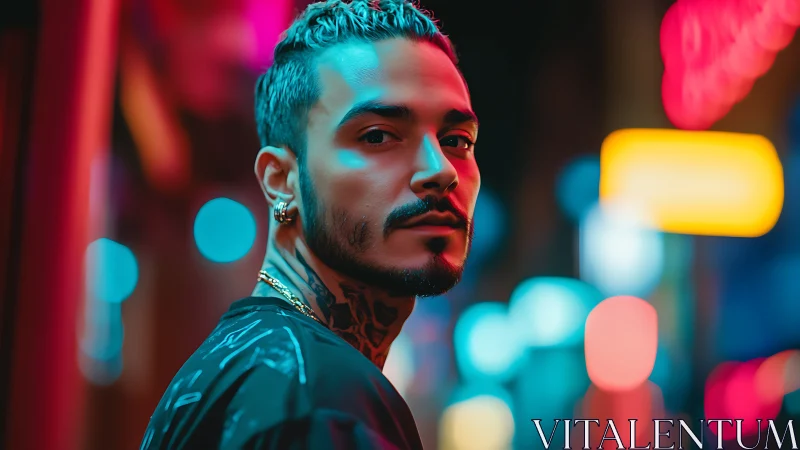 Neon city halo crowns a contemplative night wanderer