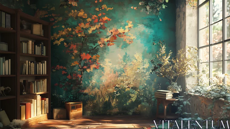 Reading corner with nature mural and daylight from window.