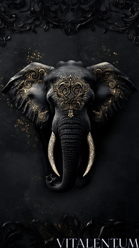 Baroque black elephant portrait with ornate golden filigree