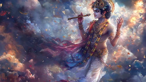 Divine flute player in ornate jewelry amid glowing clouds.