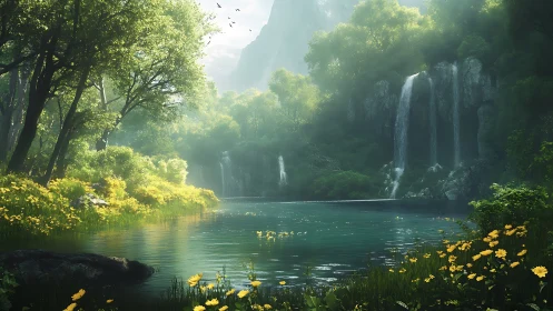 Forested river pool with waterfalls under diffuse daylight.