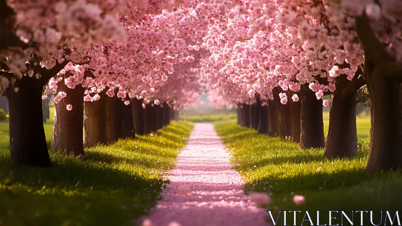 Cherry blossom tree tunnel over pink petal covered path.