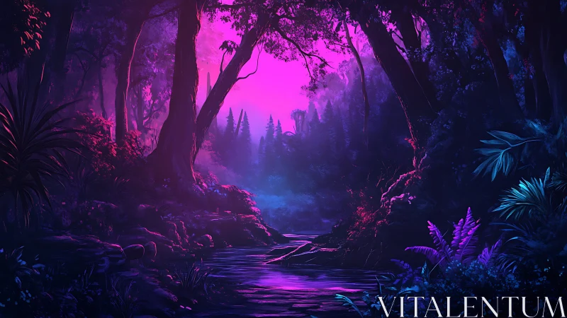 Neon Forest: Enchanted Woodland in Magenta and Blue Light.