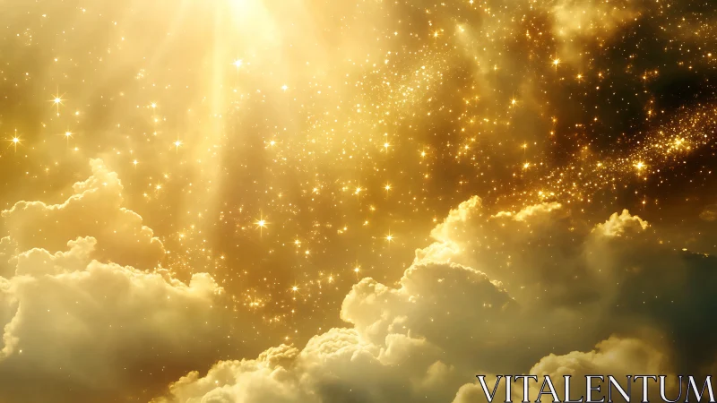 Golden celestial clouds under radiant star-filled heavens.